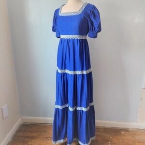 Vtg 70s Blue Velour Prairie Maxi Dress Crochet Lace Empire Waist Puff Sleeve